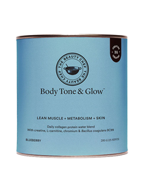 Blue cylindrical The Beauty Chef Body Tone & Glow Blueberry canister with thin metal rims, a black circular brand emblem above the product name and a small black creatine badge near the top edge.