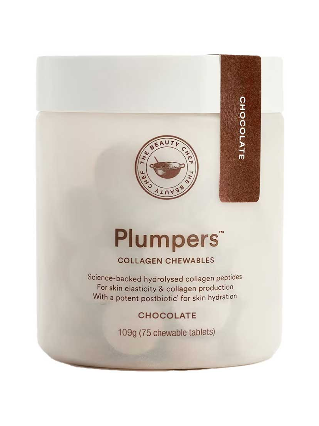 The Beauty Chef Plumpers Chocolate 75 Tablets jar on a white background.