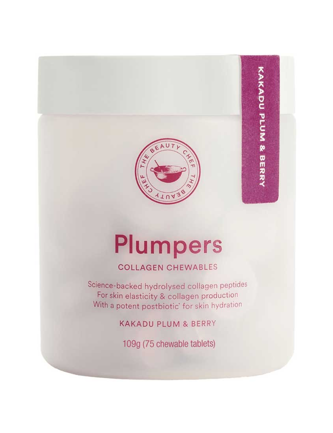 The Beauty Chef Plumpers™ Kakadu Plum & Berry 75 Tablets jar on a white background.