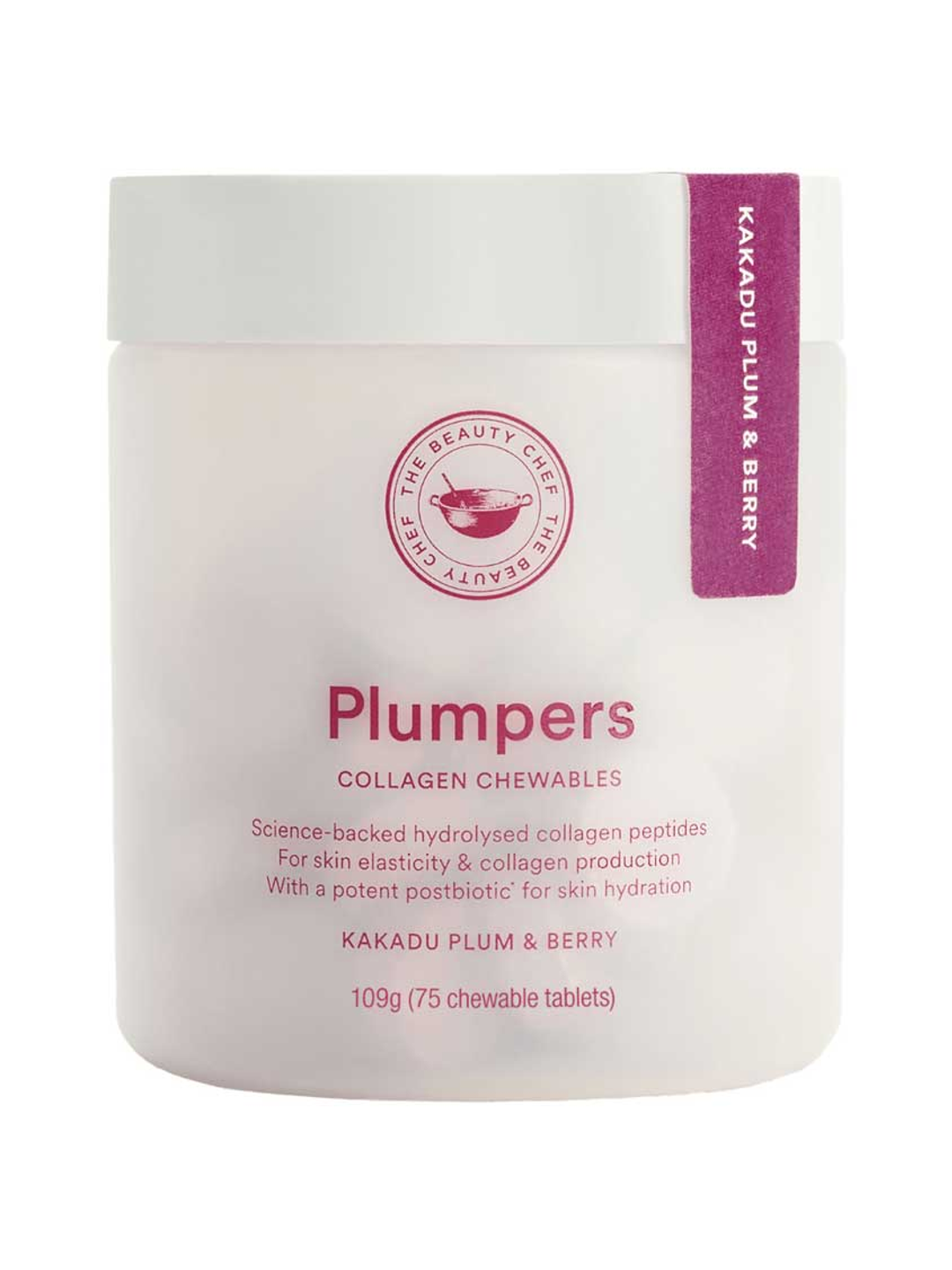 The Beauty Chef Plumpers™ Kakadu Plum & Berry 75 Tablets jar on a white background.