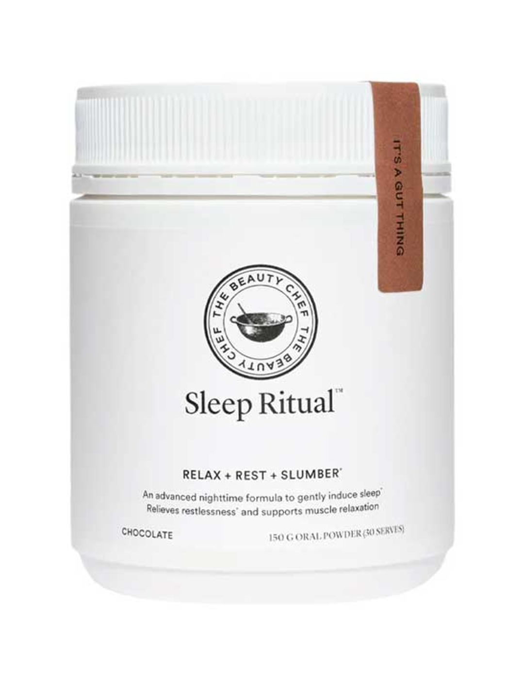 The Beauty Chef Sleep Ritual 150g chocolate jar with a white lid and brown seal, on a white background.
