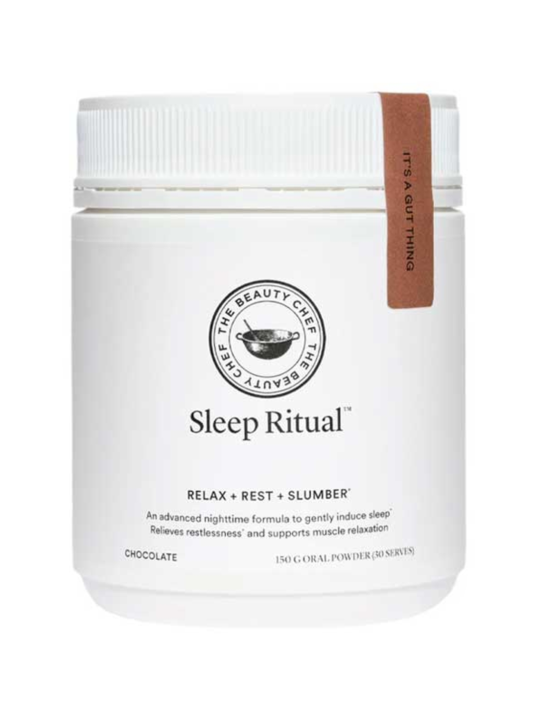 The Beauty Chef Sleep Ritual 150g chocolate jar with a white lid and brown seal, on a white background.