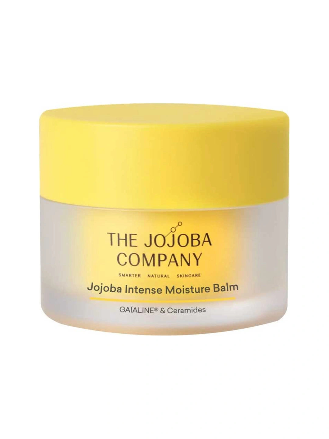 The Jojoba Company Jojoba Intense Moisture Balm in a short frosted jar with a bright yellow lid and yellow label.