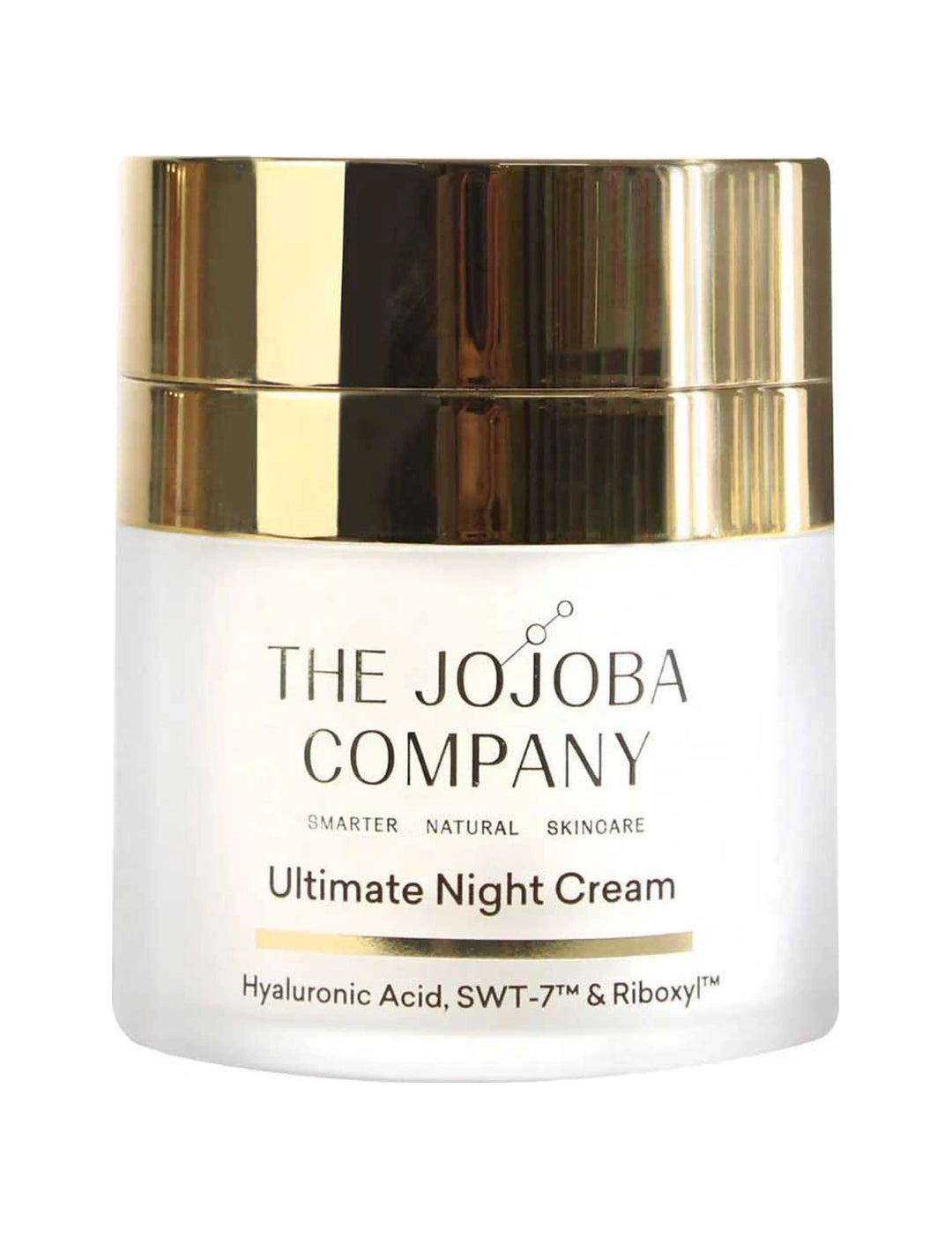 The Jojoba Company Ultimate Night Cream in a frosted jar with a broad, reflective gold top and black lettering.