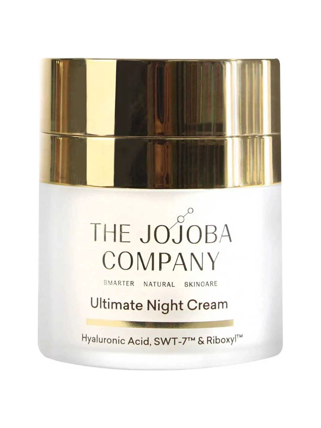 The Jojoba Company Ultimate Night Cream in a frosted jar with a broad, reflective gold top and black lettering.