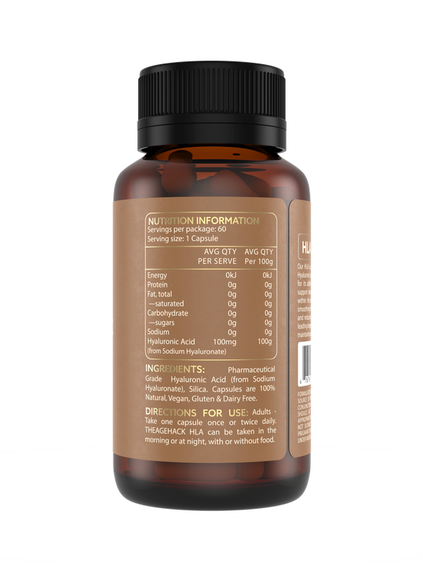 The Age Hack HLA Hyaluronic Acid 60 Capsules left label