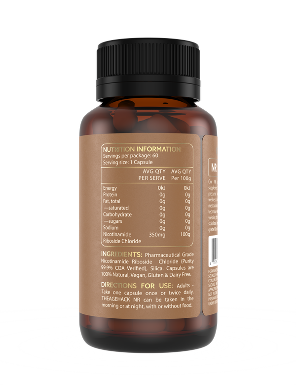 Side of the amber The Age Hack NR capsule bottle beneath its ribbed black cap, with a gold-brown label showing a nutrition table, ingredients and directions for use.