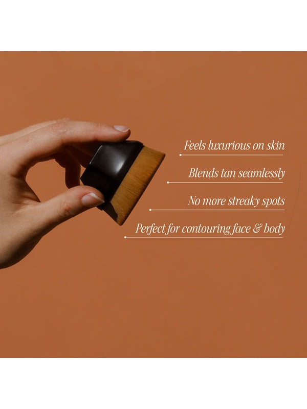 Beauty Buff Brush held in hand with application benefits