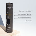 Tall black cylindrical packaging for the Three Warriors Exfoliating Glove, with a window showing its textured surface and text about exfoliation and reuse.