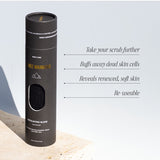 Tall black cylindrical packaging for the Three Warriors Exfoliating Glove, with a window showing its textured surface and text about exfoliation and reuse.
