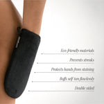 Eco Friendly Tanning Mitt in use with product benefits