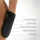 Eco Friendly Tanning Mitt in use with product benefits