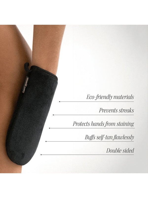 Eco Friendly Tanning Mitt in use with product benefits