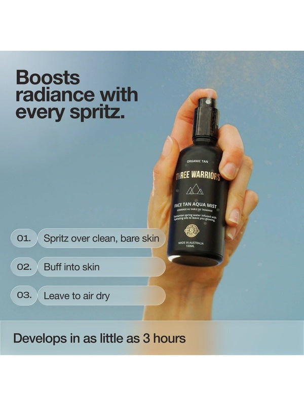 How to use Three Warriors Face Tan Aqua Mist