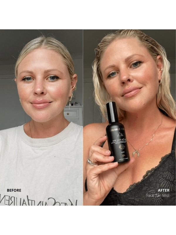 Face Tan Aqua Mist before and after complexion result