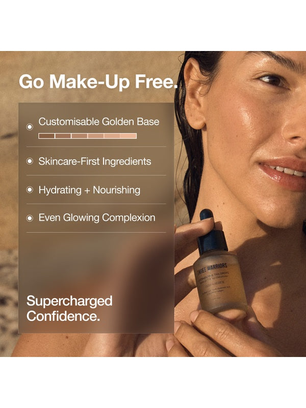 Woman holding Hydrabronze Face Tan Drops with product benefits