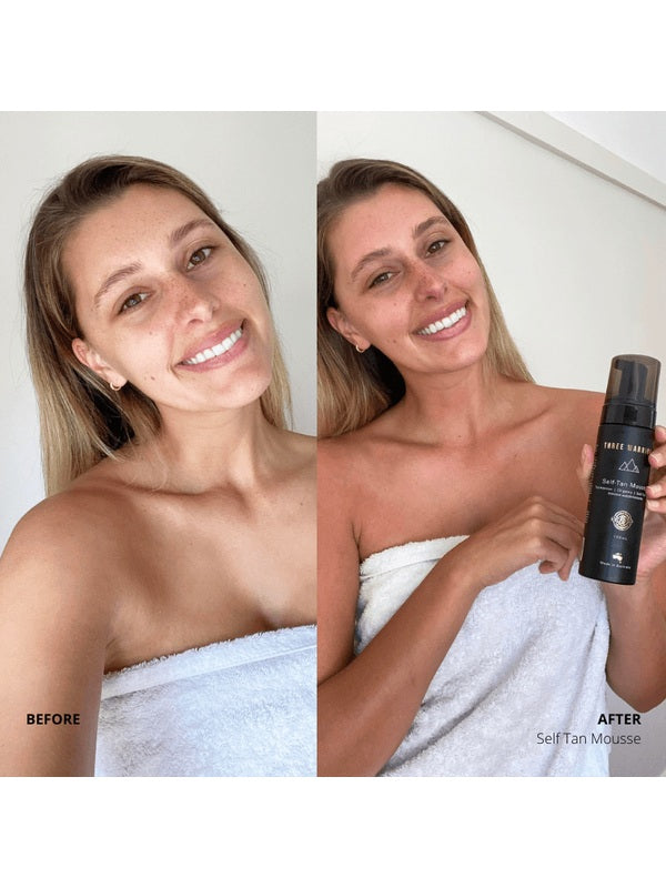 Face before and after using Three Warriors Self Tan Mousse