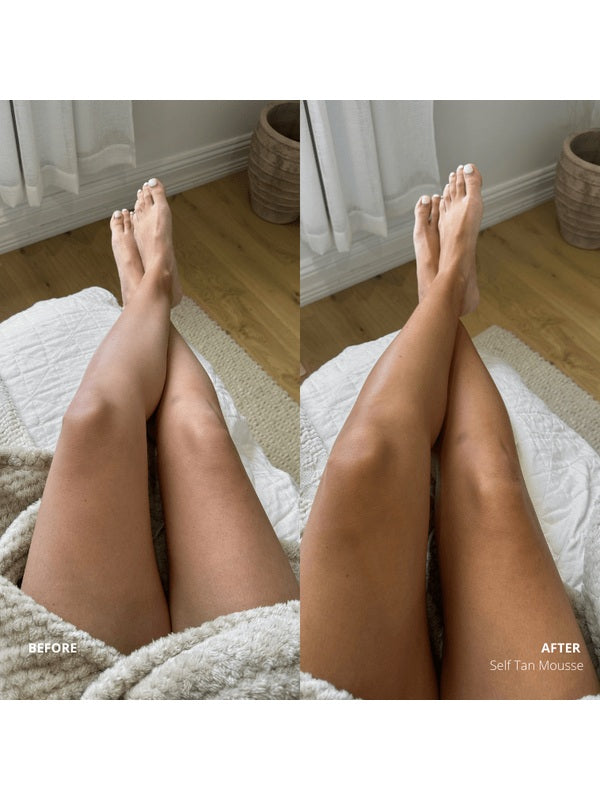 Legs before and after using Three Warriors Self Tan Mousse