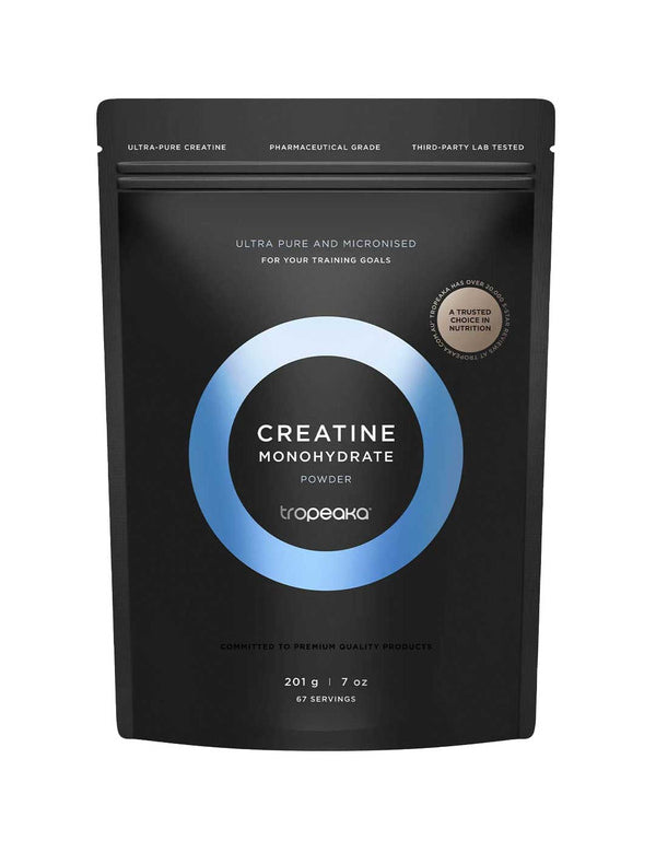 A black resealable pouch labeled Tropeaka Creatine Monohydrate 200g features a blue and white circular design, emphasizing its lab-tested, pharmaceutical-grade purity to support muscle strength.