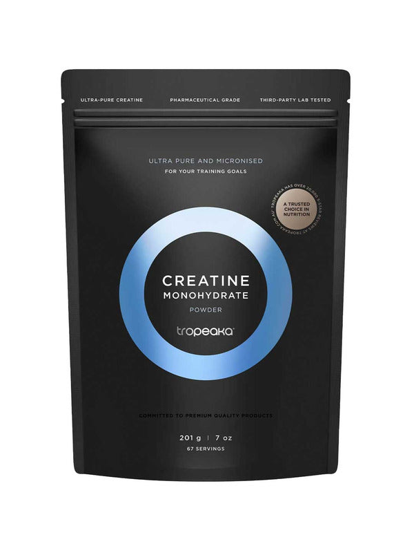 A black resealable pouch labeled Tropeaka Creatine Monohydrate 200g features a blue and white circular design, emphasizing its lab-tested, pharmaceutical-grade purity to support muscle strength.