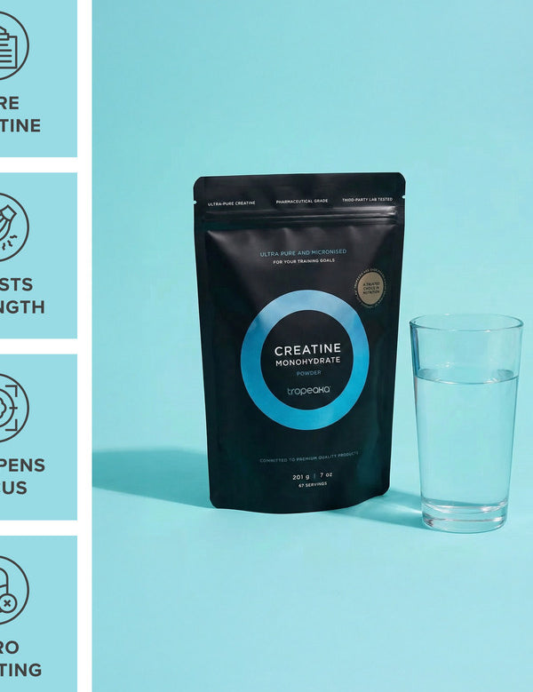 Tropeaka Creatine Monohydrate with a glass of water