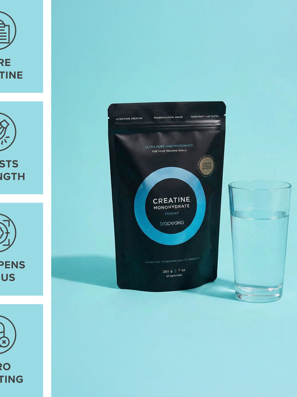 Tropeaka Creatine Monohydrate with a glass of water