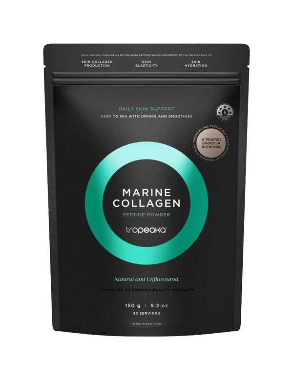 A black resealable pouch of Tropeaka Marine Collagen Peptides 150g, natural and unflavoured, for daily skin support, features teal and silver accents and is recommended by nutritionists.