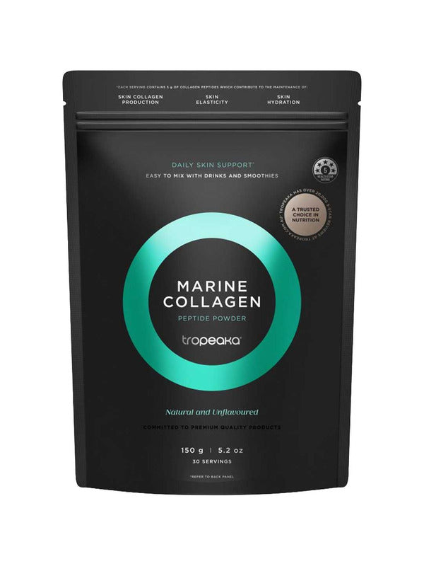 A black resealable pouch of Tropeaka Marine Collagen Peptides 150g, natural and unflavoured, for daily skin support, features teal and silver accents and is recommended by nutritionists.