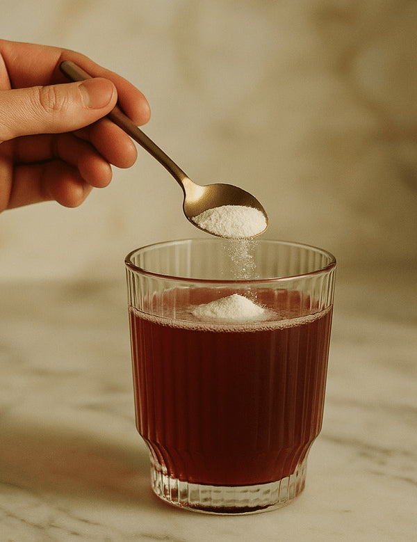 Pouring Tropeaka Marine Collagen Peptides into a drink