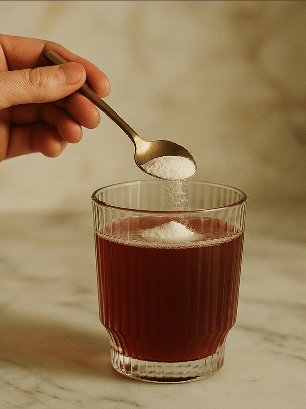 Pouring Tropeaka Marine Collagen Peptides into a drink