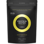 Black resealable Tropeaka Protein Water pouch with a bright yellow ring around the product name and Natural Tropical Flavour printed beneath.