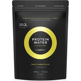 Black resealable Tropeaka Protein Water pouch with a bright yellow ring around the product name and Natural Tropical Flavour printed beneath.