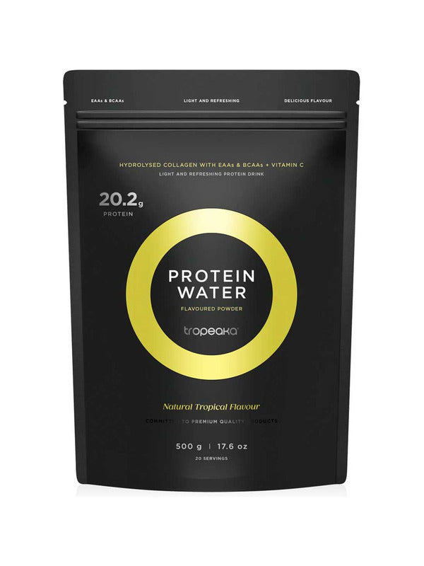 Black resealable Tropeaka Protein Water pouch with a bright yellow ring around the product name and Natural Tropical Flavour printed beneath.