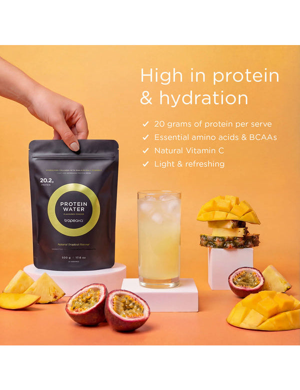 Nutritional information panel for Tropeaka Protein Water Tropical