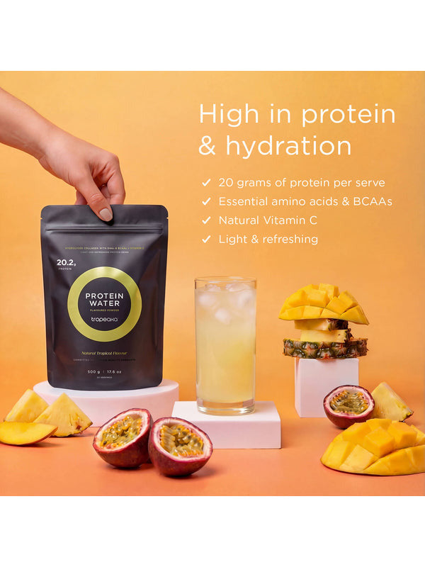 Nutritional information panel for Tropeaka Protein Water Tropical