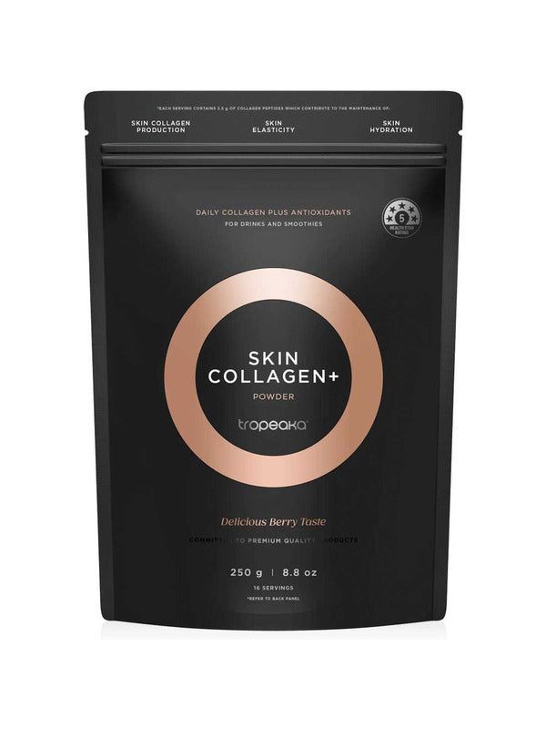 Black resealable Tropeaka Skin Collagen+ pouch with a peach-coloured ring around the product name and white lettering.