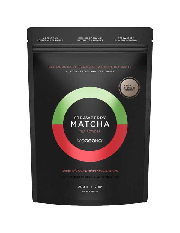 Black resealable Tropeaka Strawberry Matcha pouch with a circular design fading from pale green to pink around the white product name.