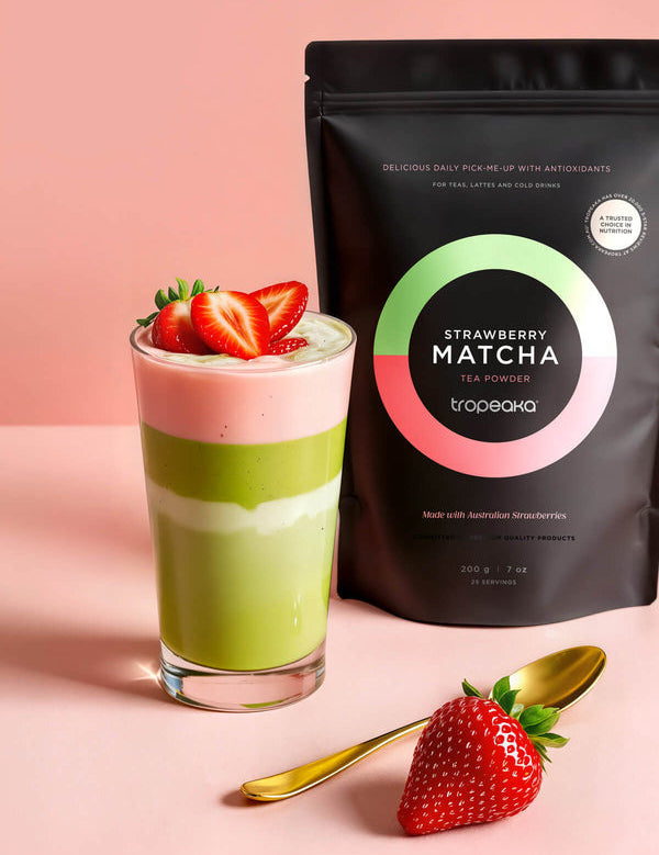 Strawberry matcha latte made with Tropeaka Strawberry Matcha Powder