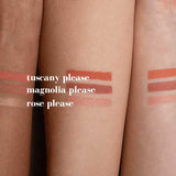 Three forearms of different skin tones display swatches of “tuscany please,” “magnolia please,” and “rose please” from Benecos Beauty ID Palette Blush Refills, highlighting the collection’s vibrant, talc-free shades side by side.
