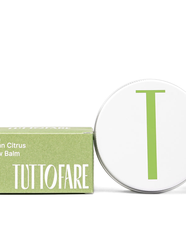 Tuttofare Sicilian Citrus Tallow Balm tin and box on a cream background