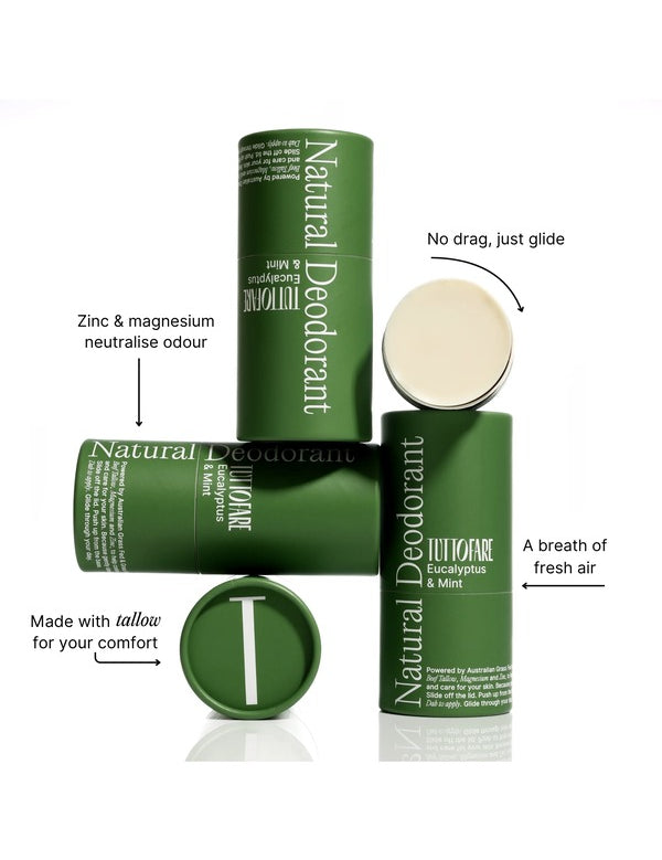 Tuttofare Natural Deodorant tubes with feature callouts for odour control and smooth glide