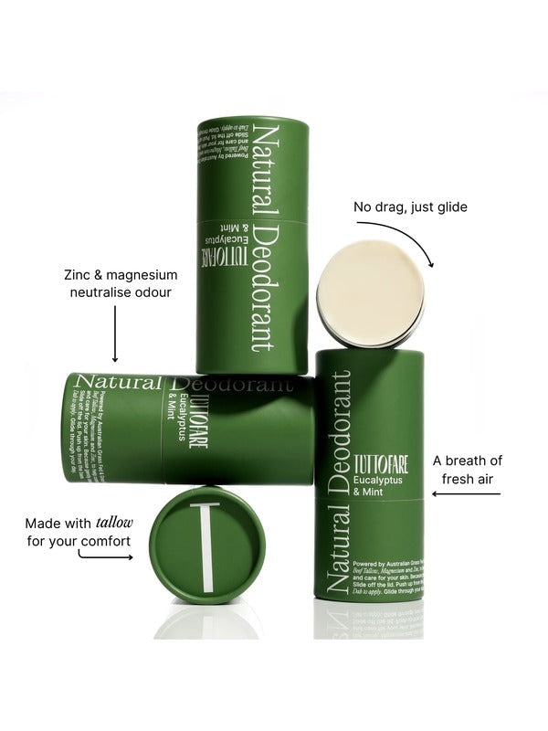 Tuttofare Natural Deodorant tubes with feature callouts for odour control and smooth glide