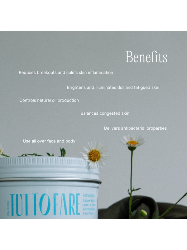 Key benefits panel for Tuttofare Roman Blue Tallow Balm