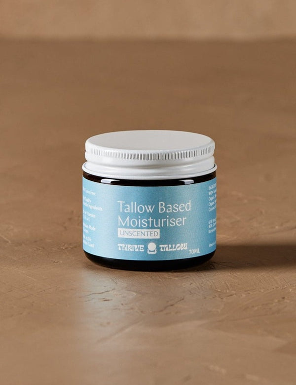 Unscented Tallow Based Moisturiser jar in warm natural light – Thrive Tallow Based Moisturiser Unscented 70ml