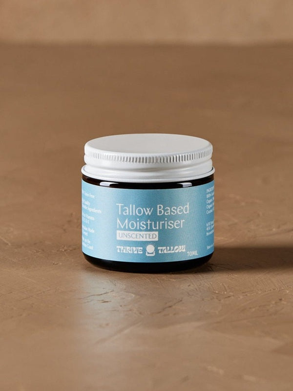 Unscented Tallow Based Moisturiser jar in warm natural light – Thrive Tallow Based Moisturiser Unscented 70ml