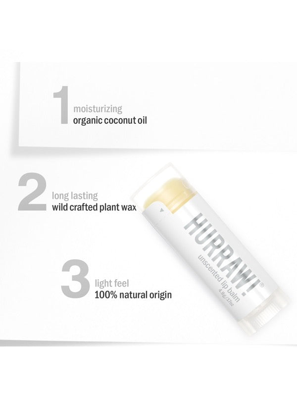 Ingredients and product information for Hurraw! Unscented Lip Balm 4.8g