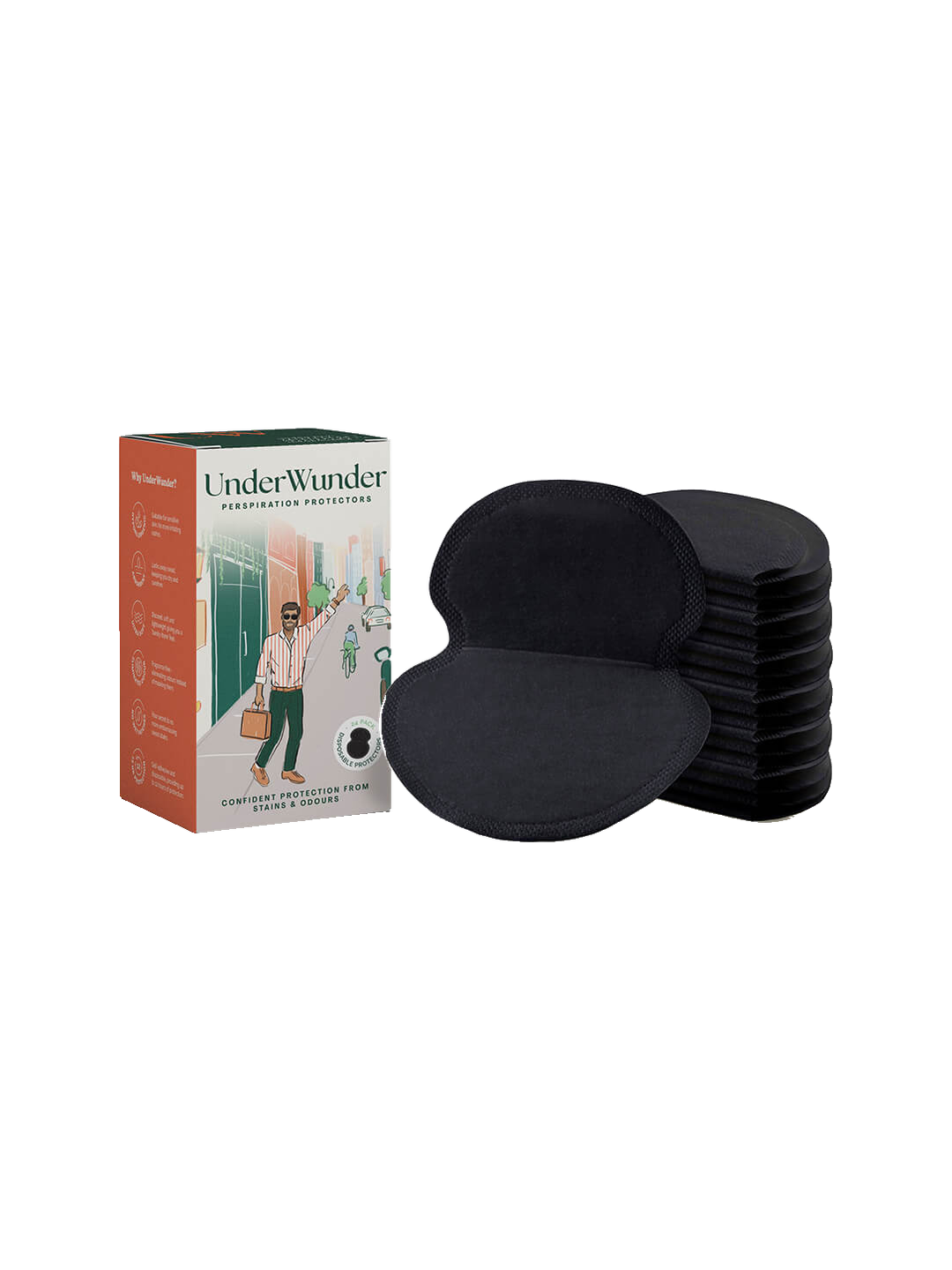 UnderWunder Perspiration Protectors Mens - Black — black pads with the matching men’s box, on white.