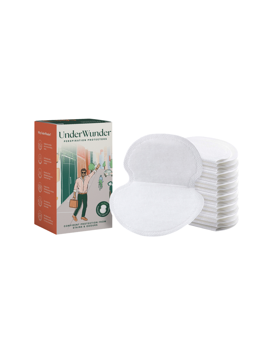 UnderWunder Perspiration Protectors Mens - White — white pads with the matching men’s box, on white.