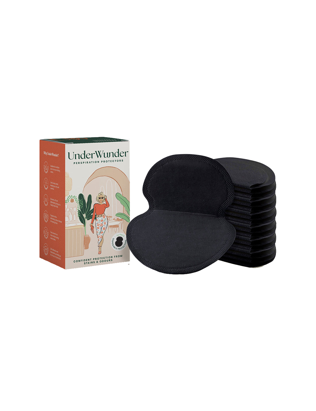 UnderWunder Perspiration Protectors Womens - Black — black pads with the matching women’s box, on white.