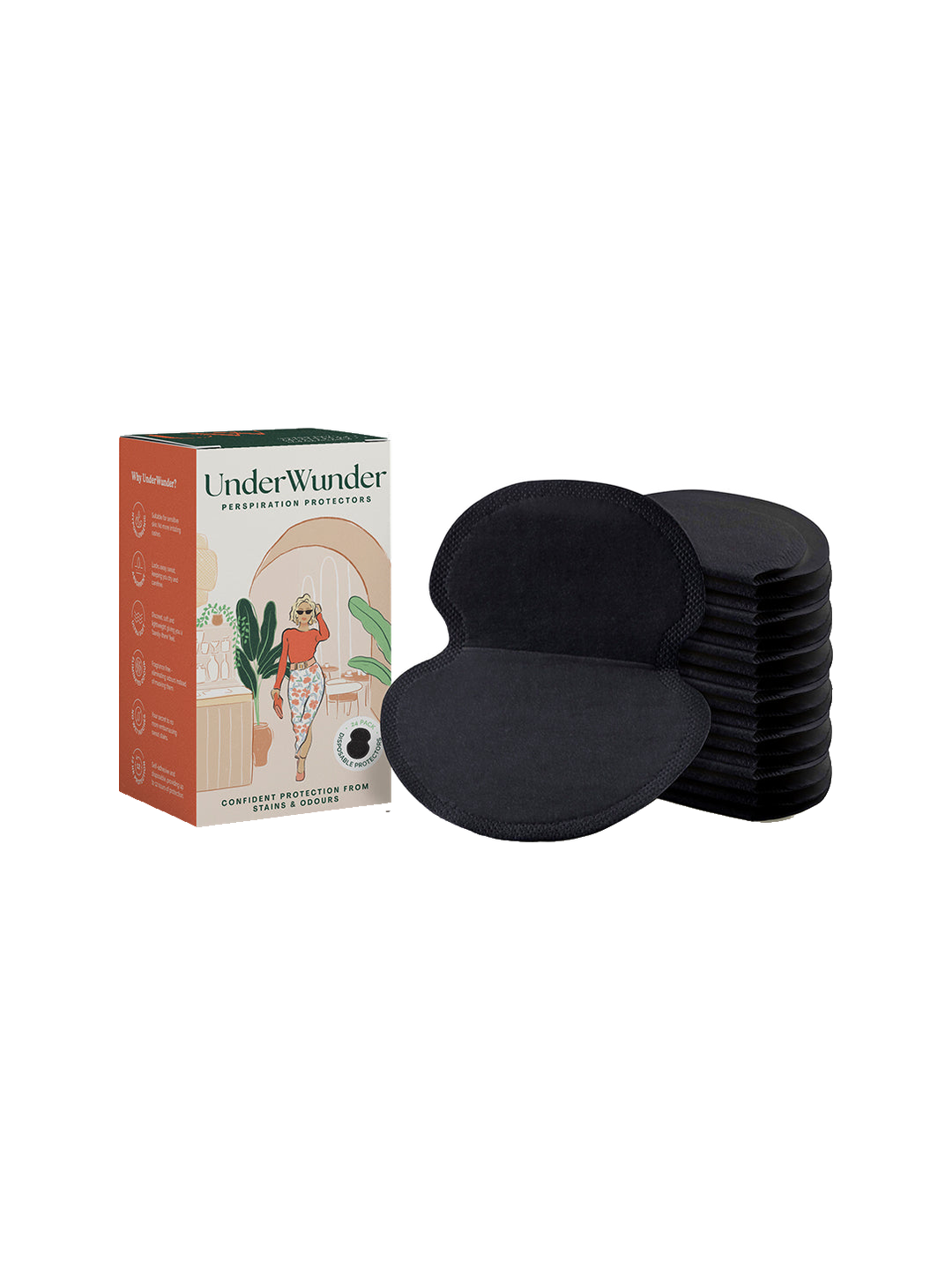 UnderWunder Perspiration Protectors Womens - Black — black pads with the matching women’s box, on white.